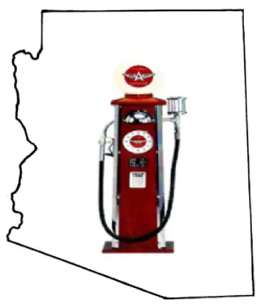A red gas pump in the shape of arizona.